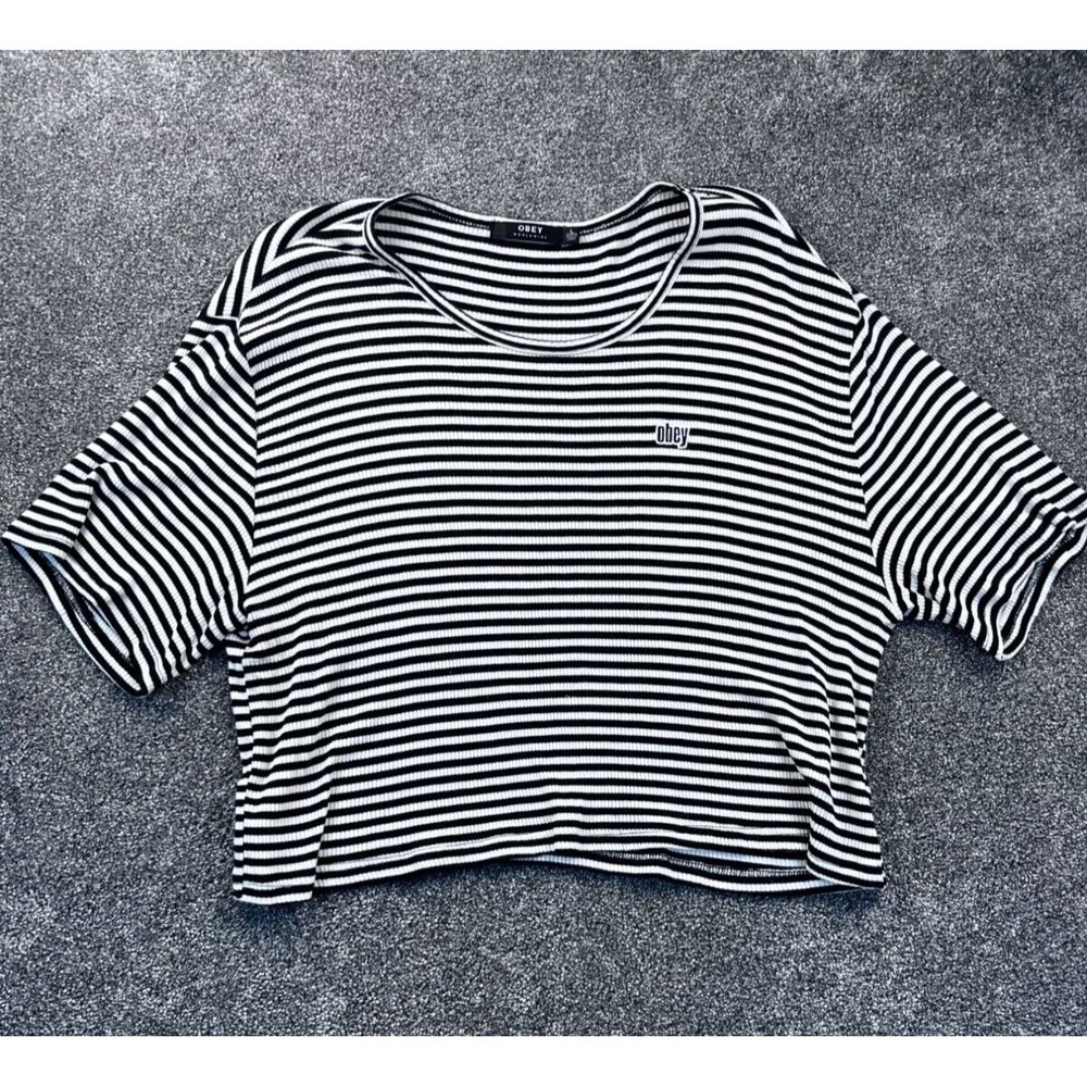 Obey Womens Black & White‎ Striped Crop Top L